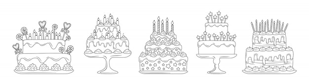 Set piatto lineare di torte di compleanno. deliziosi dessert di linea del fumetto. elementi di design torta di partito, candele e fette di cioccolato, crema. dolci di festa. illustrazione isolato su sfondo bianco