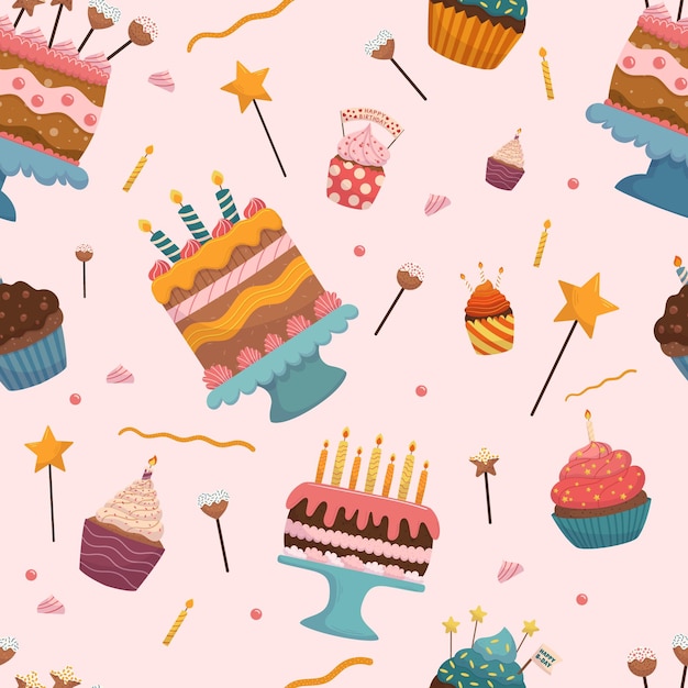 誕生日ケーキのシームレスなパターンおいしいお祝い装飾ベーカリー カップケーキやマフィン ピンクの背景にろうそく