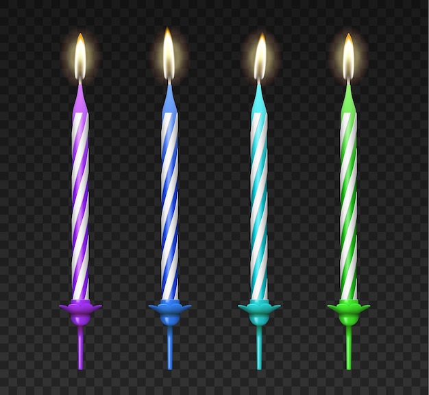 透明な背景にリアルな火の誕生日キャンドルを設定します。デザインとテキストのためのお祝いの装飾要素。休日の装飾コレクション。 3dベクトル図