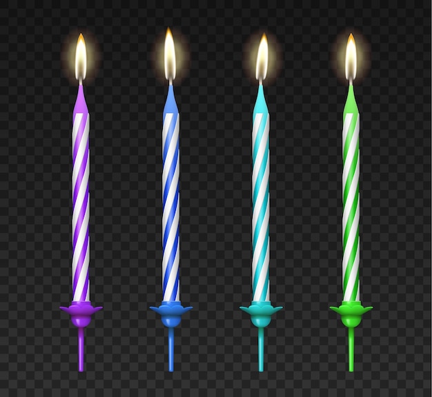 Vector birthday candles with fire realistic set on transparent background. festive decoration element for design and text. holiday decorative collection. 3d vector illustration