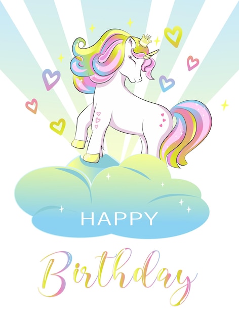 Vettore cartellino di compleanno per bambini con un carino unicorno arcobaleno su un modello vettoriale di nuvola con congratulazioni