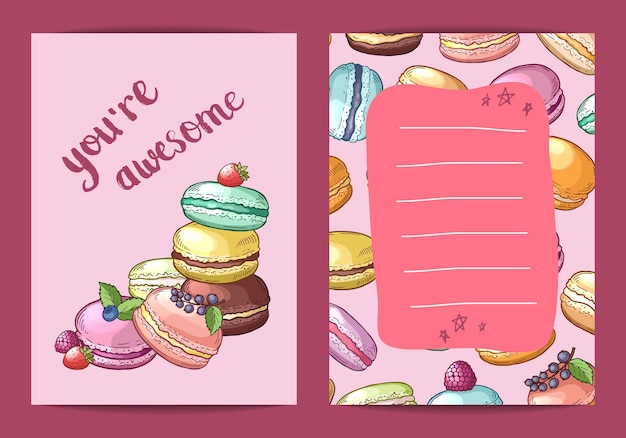 Birthday card banner template with colored hand drawn macaroons illustration