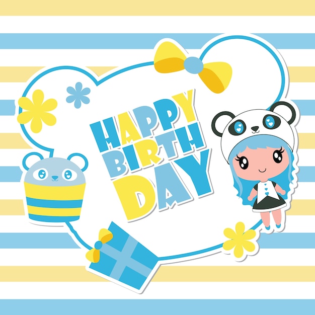 Birthday card of cute panda girl cartoon