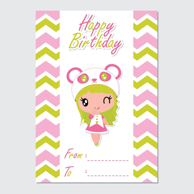 Birthday card of cute panda girl smiles cartoon