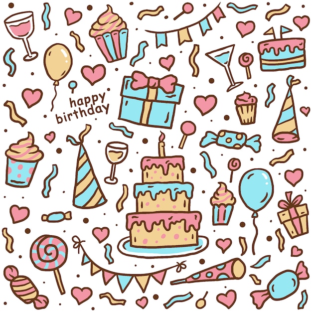 Birthday card, hand drawn line with digital color, vector illustration