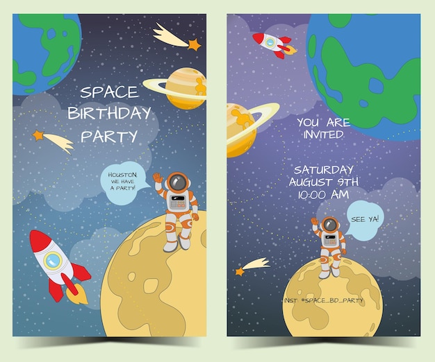 Birthday card invitation front and back in galaxy concept with planets and austrounaut