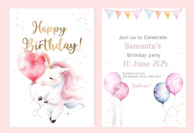 Birthday card invitation with pink unicorn