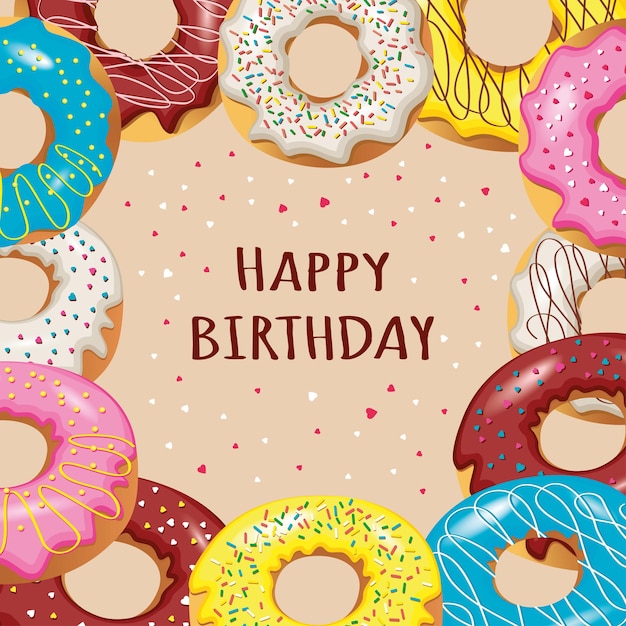 Disegno del layout della carta di compleanno poster di ciambelle ciambelle di zucchero dolci su sfondi beige