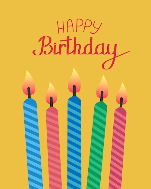 birthday card lighted cartoon candles and the inscription happy birthday vector illustration