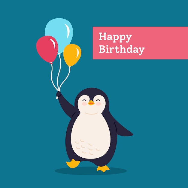 Vector birthday card penguin with balloon. holidays postcard cartoon flat greeting. funny happy abstract animal character. cute hand drawn penguin, surprise banner for kids. isolated illustration