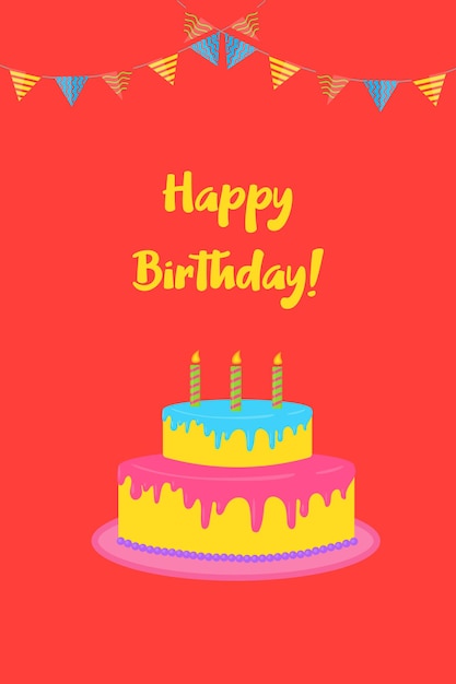 birthday card on a red background with cake and flags vector