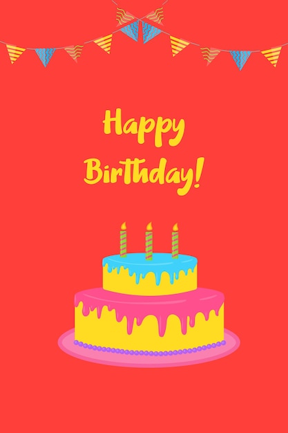 Birthday card on a red background with cake and flags Vector