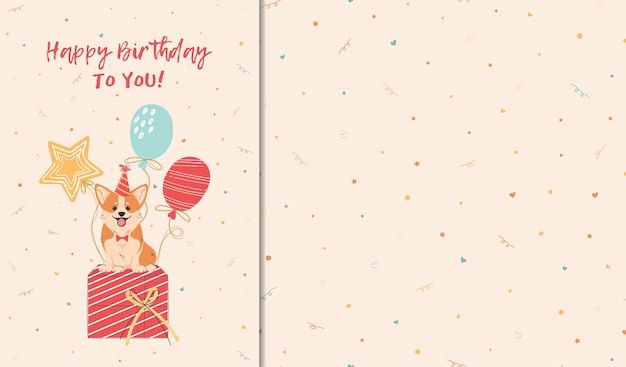 Birthday card set with a cute corgi sitting on balloon gifts and a seamless festive pattern vector