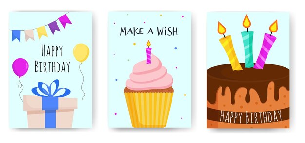 Birthday card set with gift box , cupcake and cake and balloons.