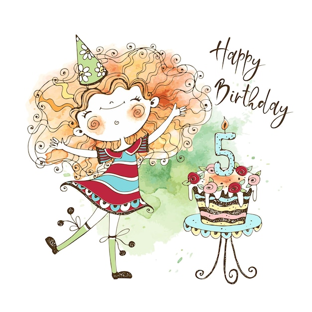 Вектор Открытка с милой рыжеволосой девушкой и большим тортом на пятилетие, выполненная в технике акварели и стиле doodle.