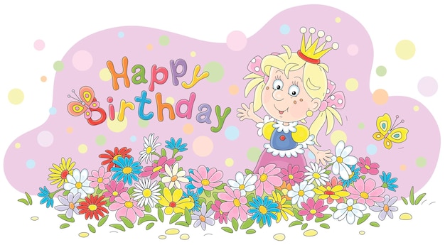 Открытка на день рождения со счастливой маленькой принцессой среди красочных летних цветов в королевском цветущем саду