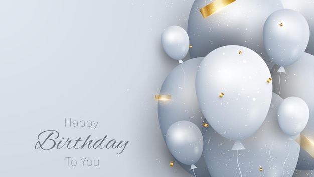 Vector birthday card with balloons and gold ribbon.