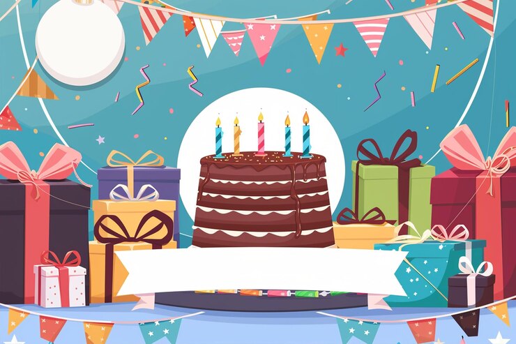 Vector 케이크 와 선물 이 있는 생일 카드