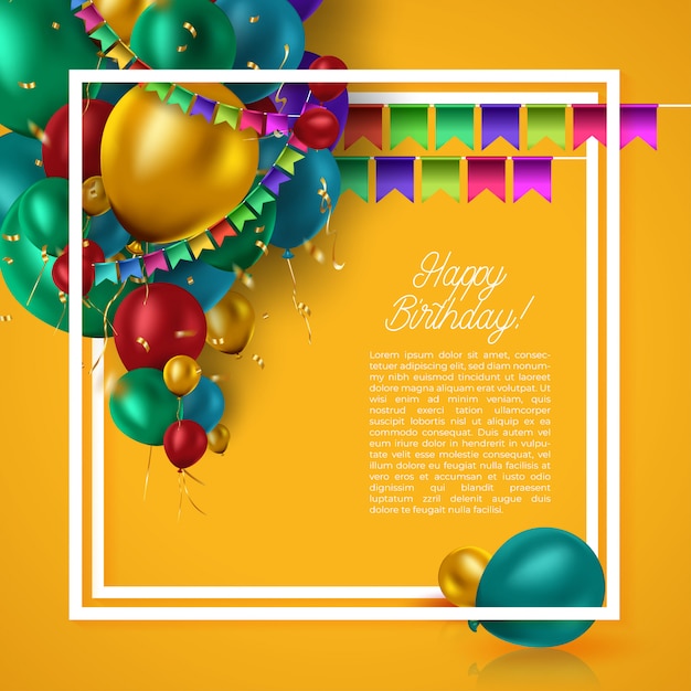 Birthday card with colorful balloons and confetti on orange background