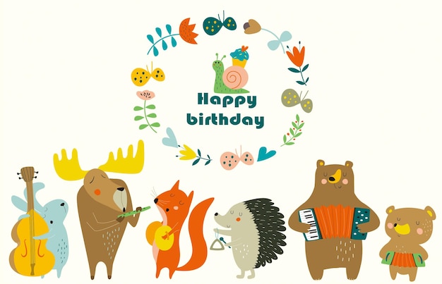 Vector birthday card with cute animals playing the musical instruments cartoon style