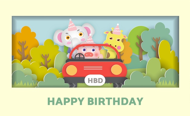 Birthday card with a cute animals siting in a car in the forest for greeting card, post card