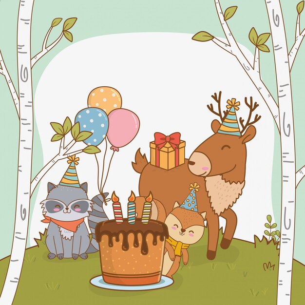 Vector birthday card with cute animals woodland