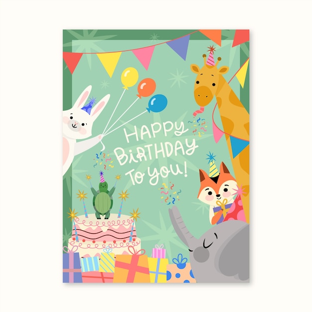 Vector birthday card with cute animals