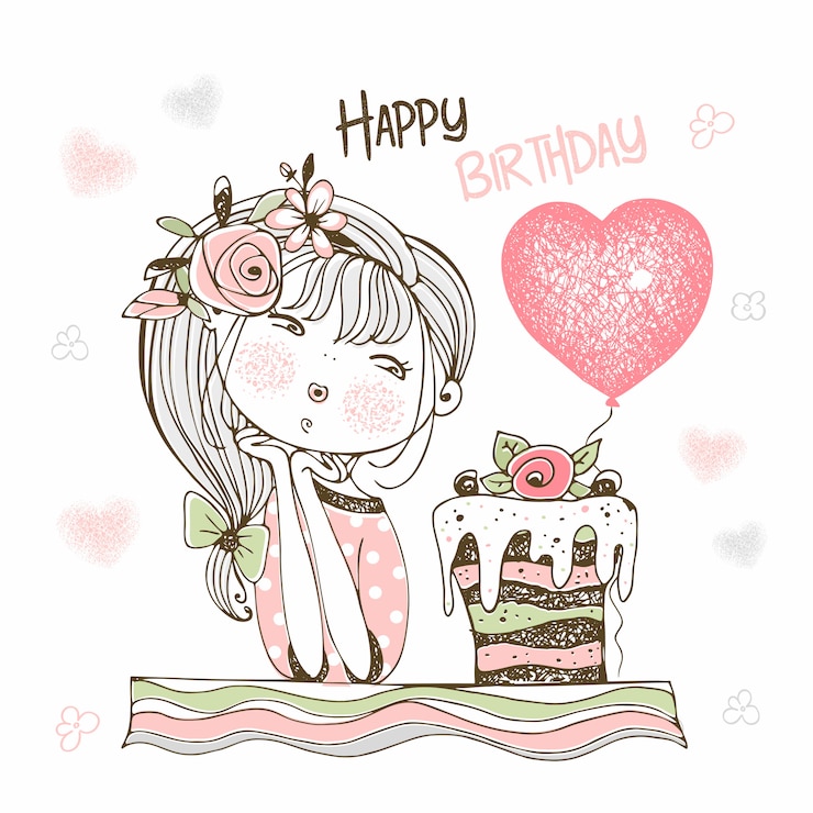Vector birthday card with a cute girl with a cake and a balloon.