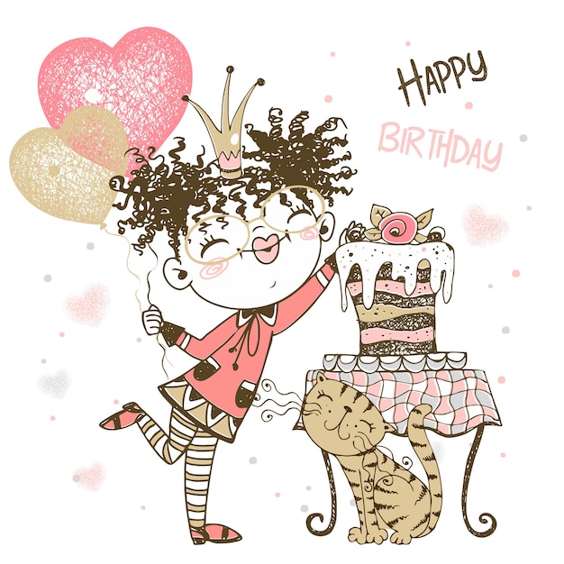 Scheda di compleanno con ragazza carina con torta e palloncini vettore