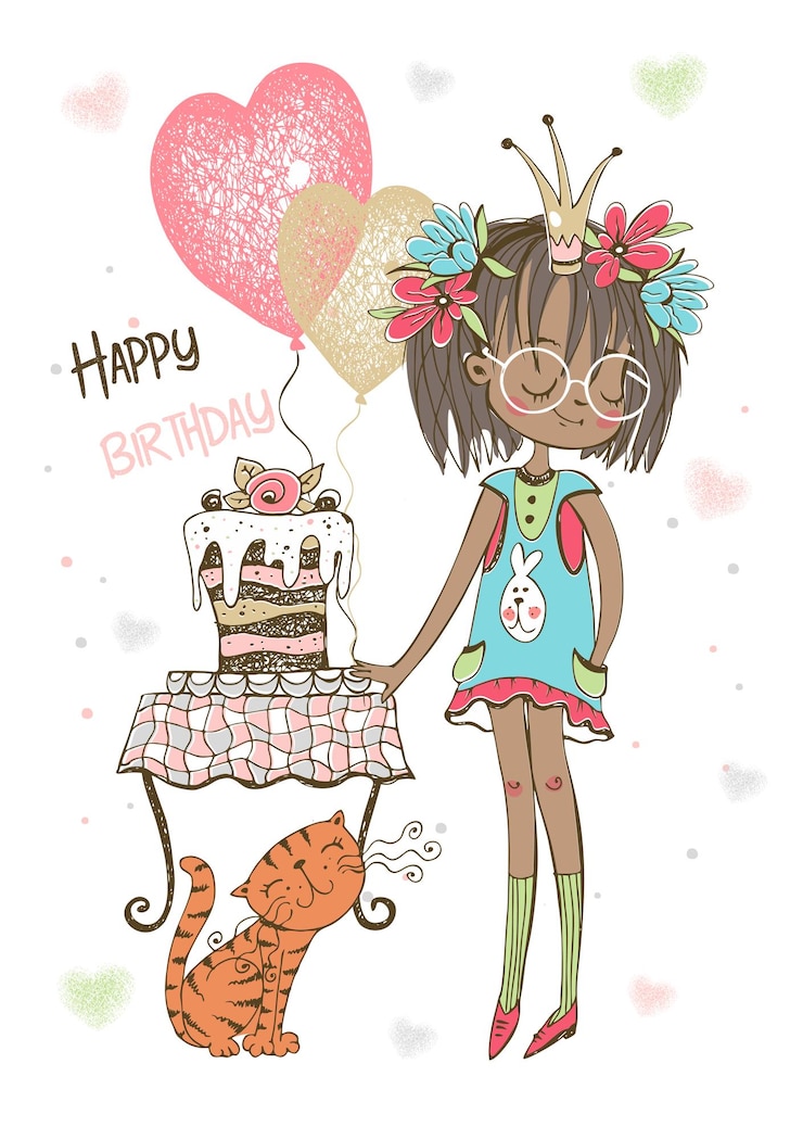 Vector birthday card with cute girl with cake and balloons vector