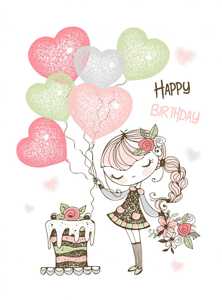 Vector birthday card with cute girl with cake and balloons.