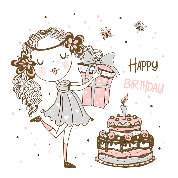 Vector birthday card with cute girl with gifts and birthday cake.