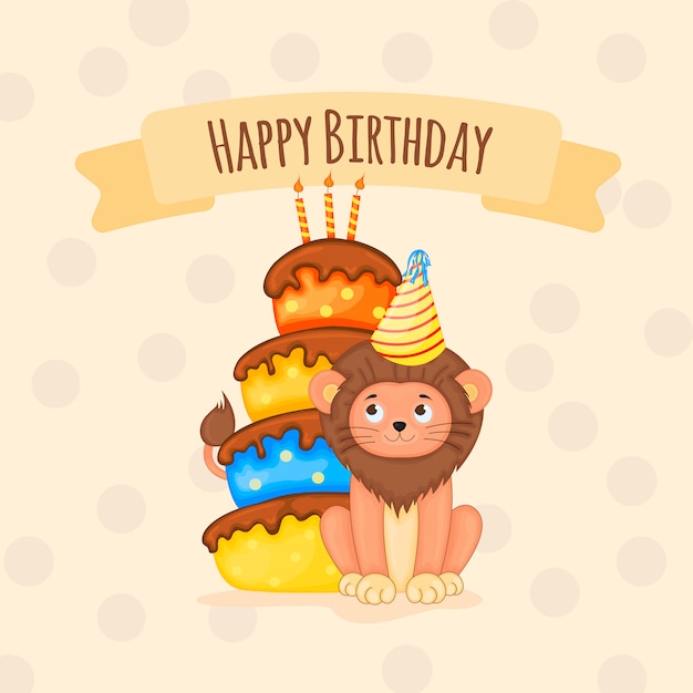 Birthday card with cute lion cub. cartoon style. vector illustration.