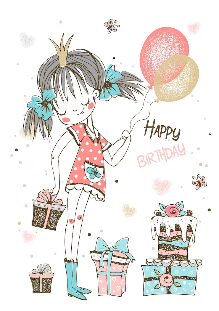 Vector a birthday card with a cute princess girl and gifts vector