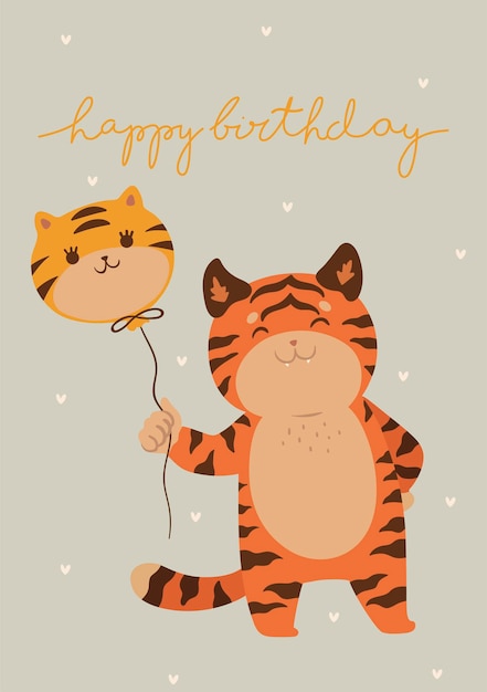 Vector birthday card with cute tiger. vector graphics.