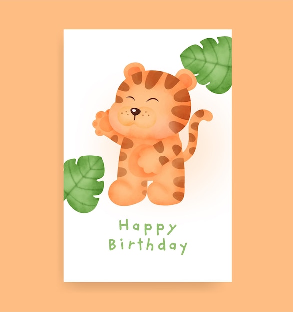 Birthday card with cute tiger in watercolor style