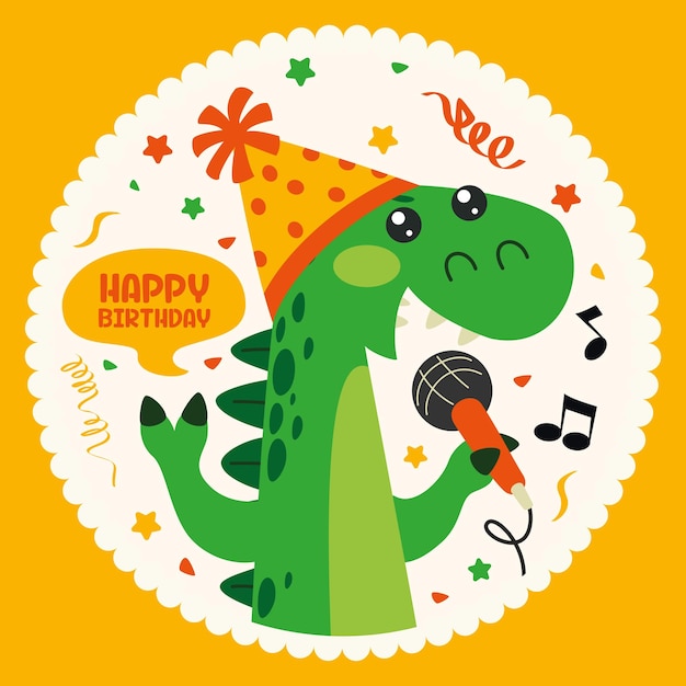 Vettore biglietto di auguri di compleanno con carattere di dinosauro