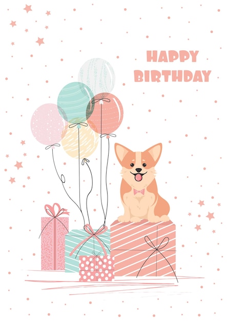 Birthday card with a funny Corgi sitting on balloon gifts Vector