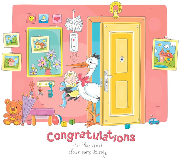 Vector birthday card with a funny stork holding a cute newborn baby and entering an open apartment door