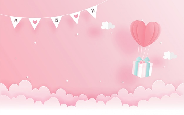 Birthday card with gift box and heart balloon in paper cut style. Vector illustration