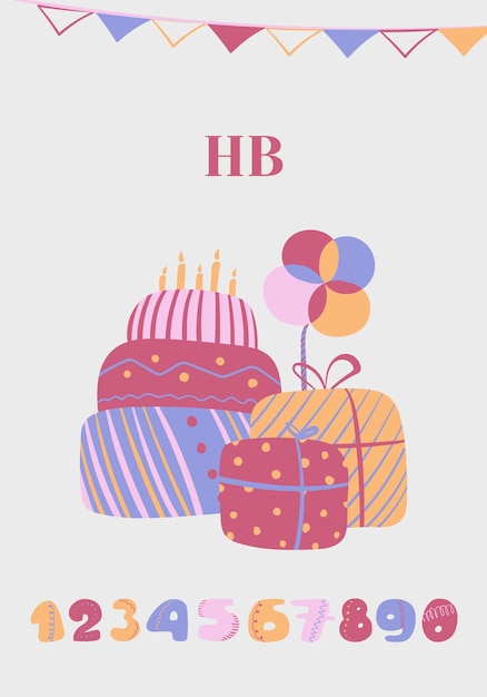 Vector birthday card with gifts cake and numbers on light background