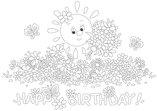 Birthday card with a happy little Sun holding a beautiful bouquet of summer flowers