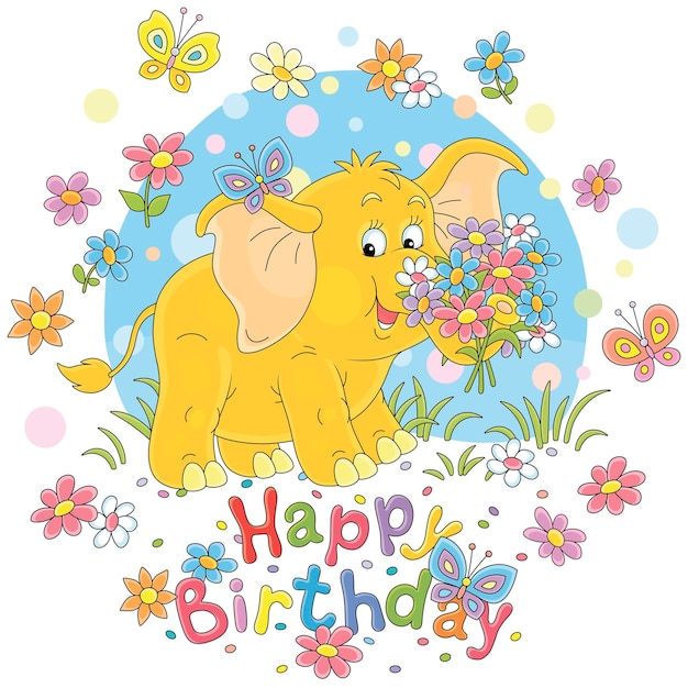 Birthday card with a little elephant holding a bouquet of flowers and fluttering butterflies