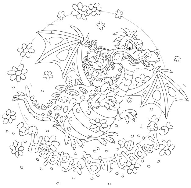 Birthday card with a little princess flying on a funny dragon surrounded by sweets and flowers