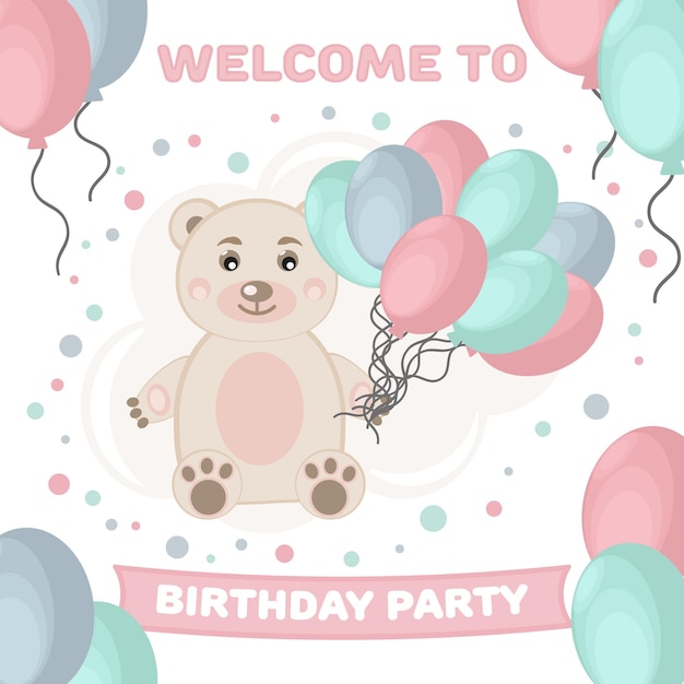 Vector birthday card with teddy bear and balloons