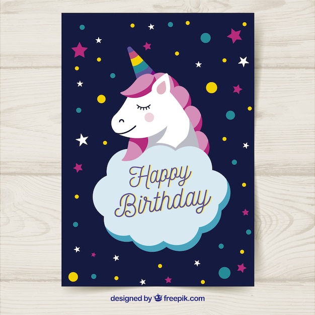 Vector birthday card with unicorn in hand drawn style