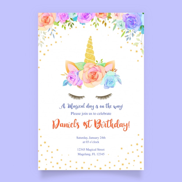 Vector birthday card with unicorn and pink floral