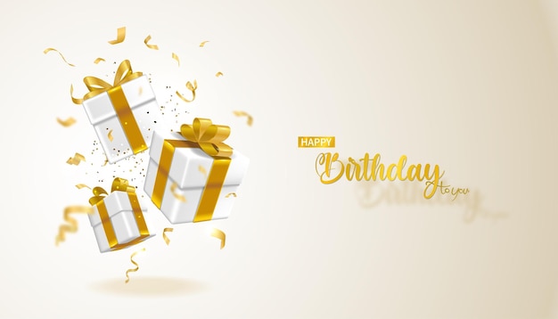 황금 리본과 황금 종이 꽃으로 묶인 흰색 선물이 있는 생일 카드