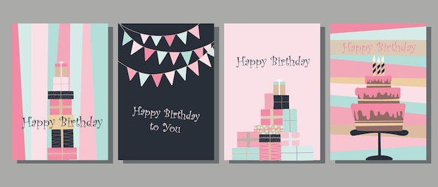 Birthday cards Cute postcards with gifts cakes candles and festive decor Delicate pink and gold