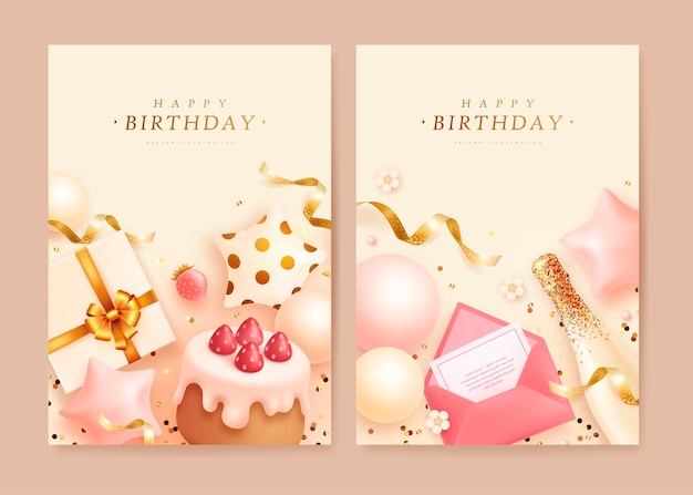 Birthday cards set with realistic cake and gift box